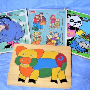 4 Vintage Wood Puzzles for Toddlers Playskool Jigsaw Puzzles for Children Learning Toys