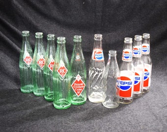 Vintage R C Cola or Pepsi Long Neck Pop Bottles Glass Soda Pop Bottle Advertising 5 Bottle Set