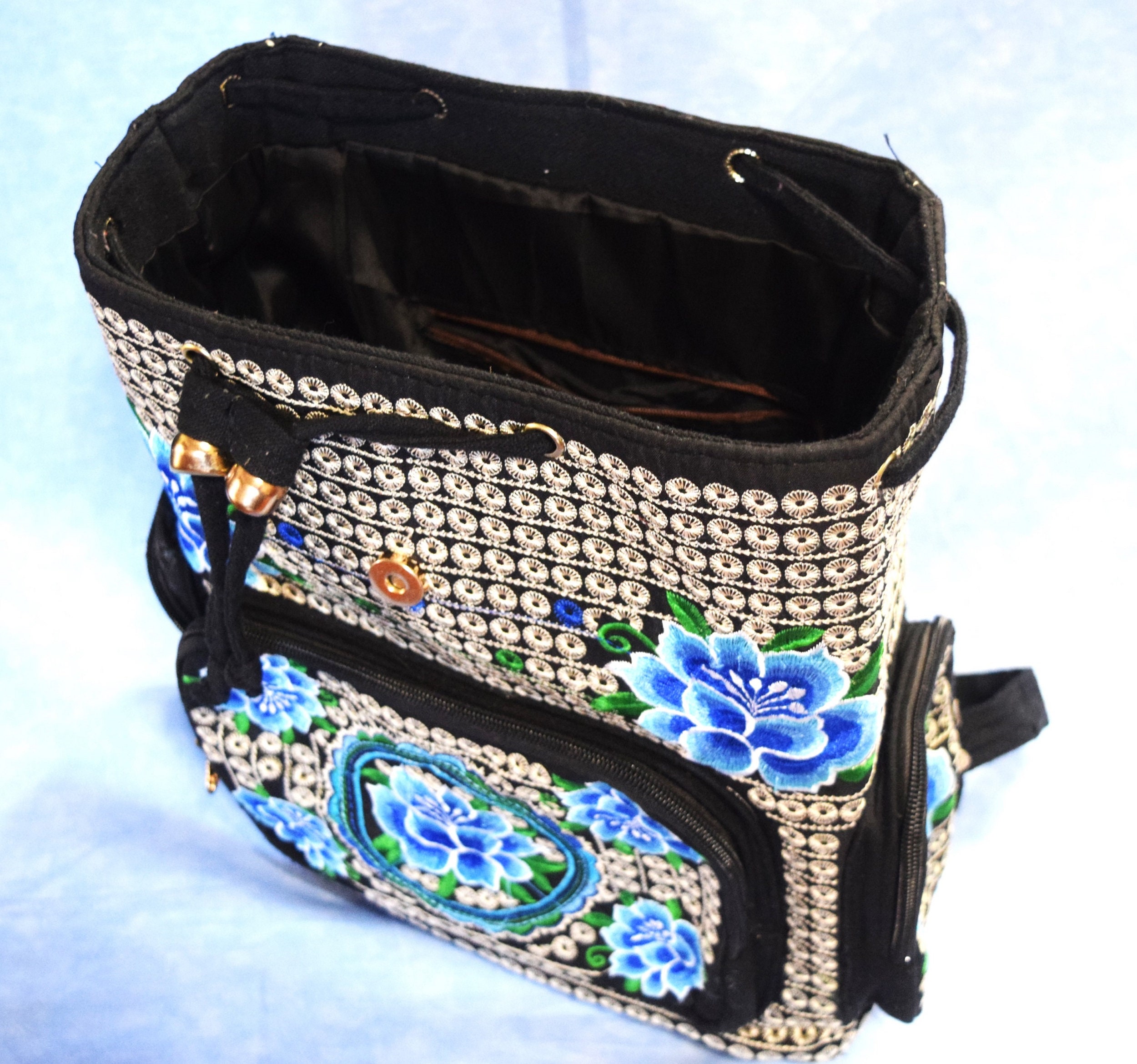 Vintage Embroidered Backpack Bag Colorful Blue Floral 