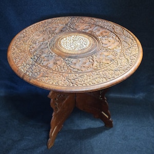 Large Vintage Hand Carved Inlay Bone Wood Side Table Plant Stand India Ornate Detail Elephant Carved Legs Decor Boho Fold Up Accent Table