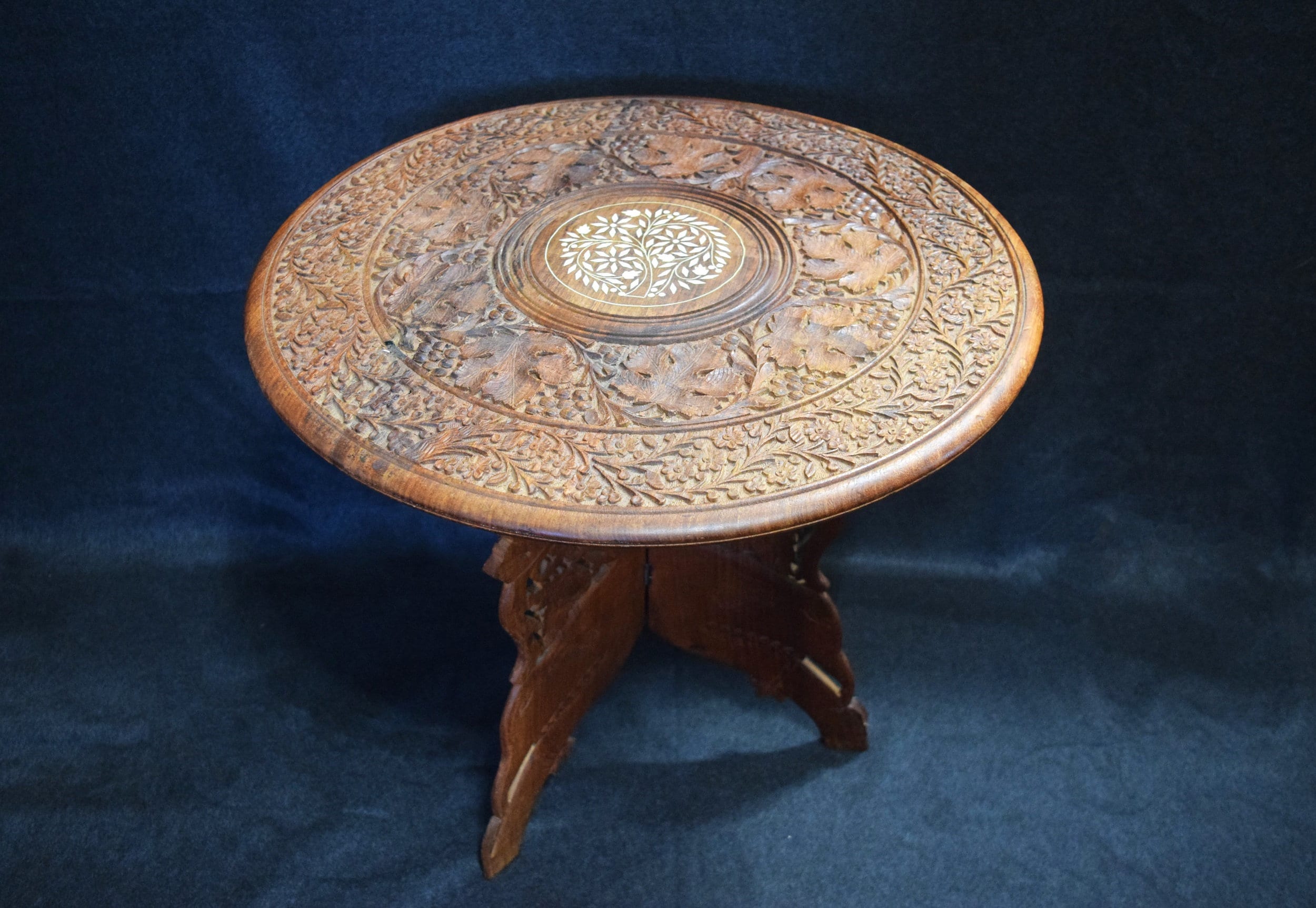 Large Vintage Hand Carved Inlay Bone Wood Side Table Plant Stand India Ornate Detail Elephant Carved Legs Decor Boho Fold Up Accent Table