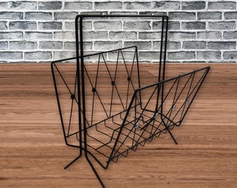Vintage 1960s Black Metal Magazine Rack Silver Accents Minimalist Newspaper Holder LP Vinyl Record Storage Versatile Mid Century Classic