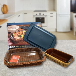 Vintage Ovenware Pyrex Bake and Serve Set with Basket New in Box 9X13 Glass Bakeware Plastic Lid  Anchor Hocking Amber Loaf Pan with Basket