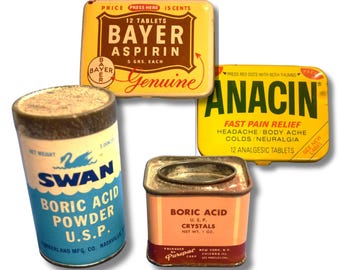 Vintage Empty Medicine Tins Aspirin or Boric Acid Eye Wash Tins Washed Out Collectible Tins