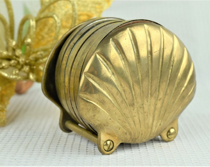 Vintage 7pc Brass Clam Shell Coaster Set Nautical Seashell Coaster