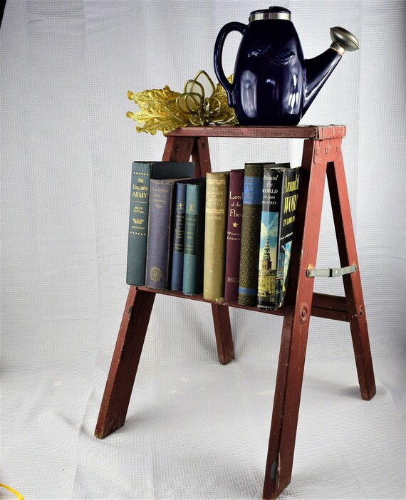 Vintage Wood Step Ladder Folding Wooden Stool Decorative Book Etsy