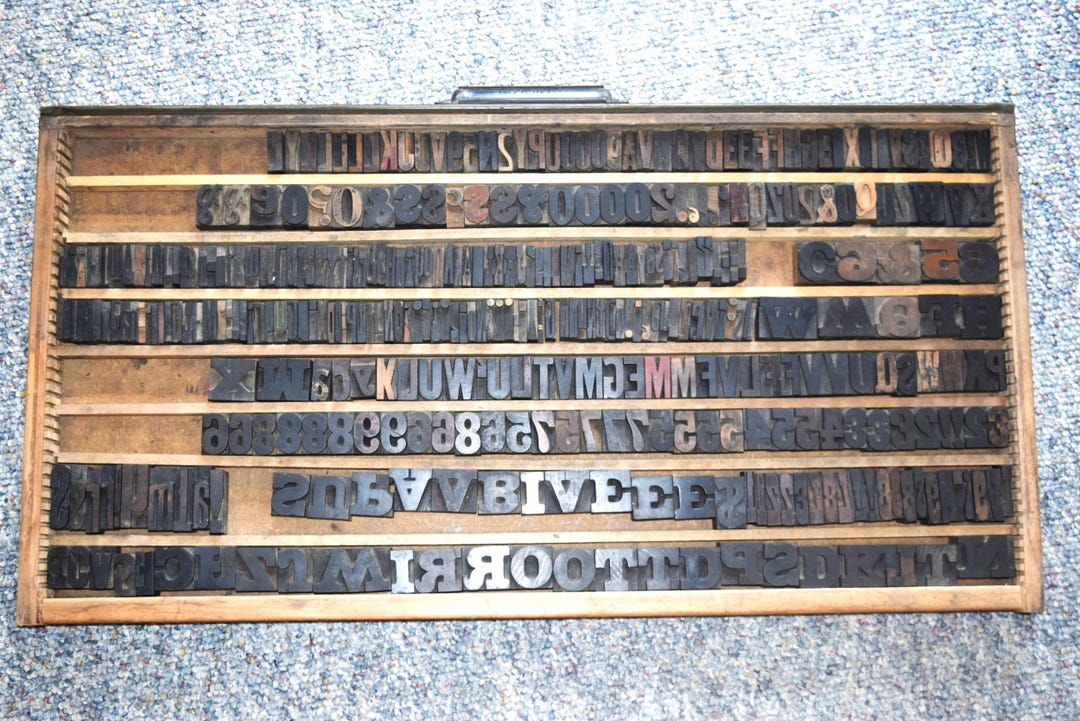 Printers Typeset Drawer With 377 Wood Letterpress Block Letters ...