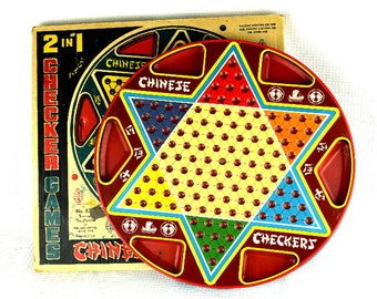 Vintage Metal Chinese Checker Board Tin Lithograph 2 Games with Original Box Ohio Art