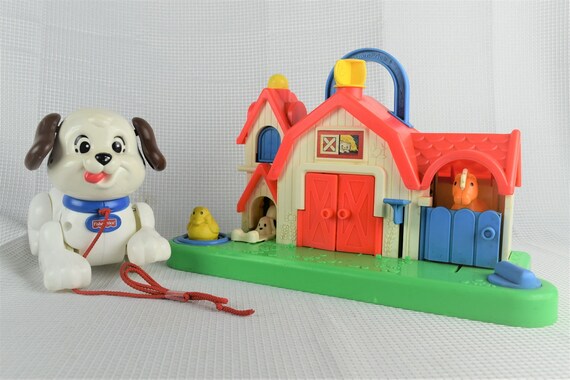 Vintage Fisher Price Toys Pull Puppy Dog And Barnyard Barn Set Etsy