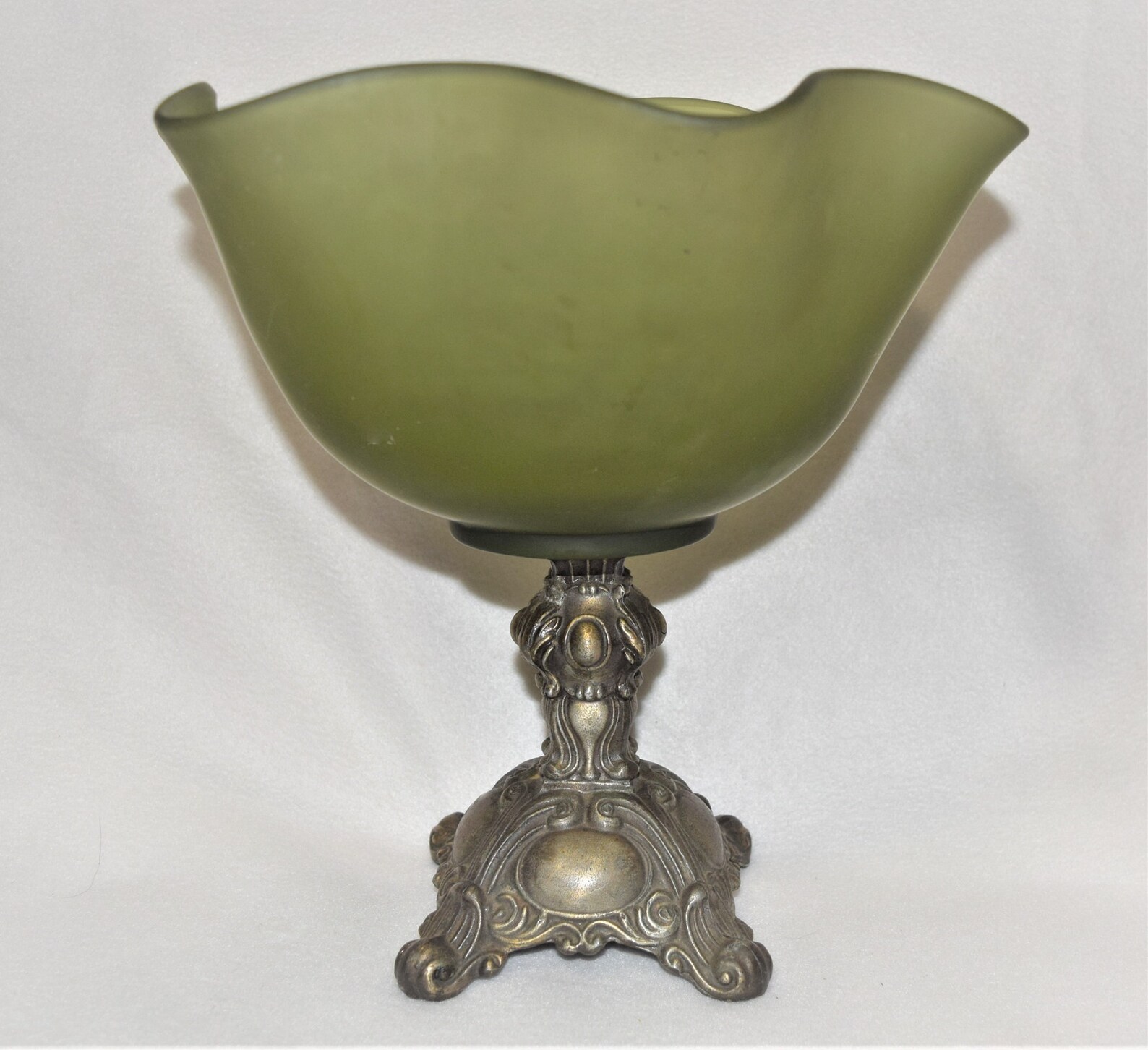 Vintage Frosted Olive Green Footed Bowl Brass Pedestal Glass Etsy