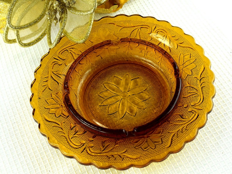 Vintage Amber Pressed Glass Ashtray Indiana Glass Tiara Etsy