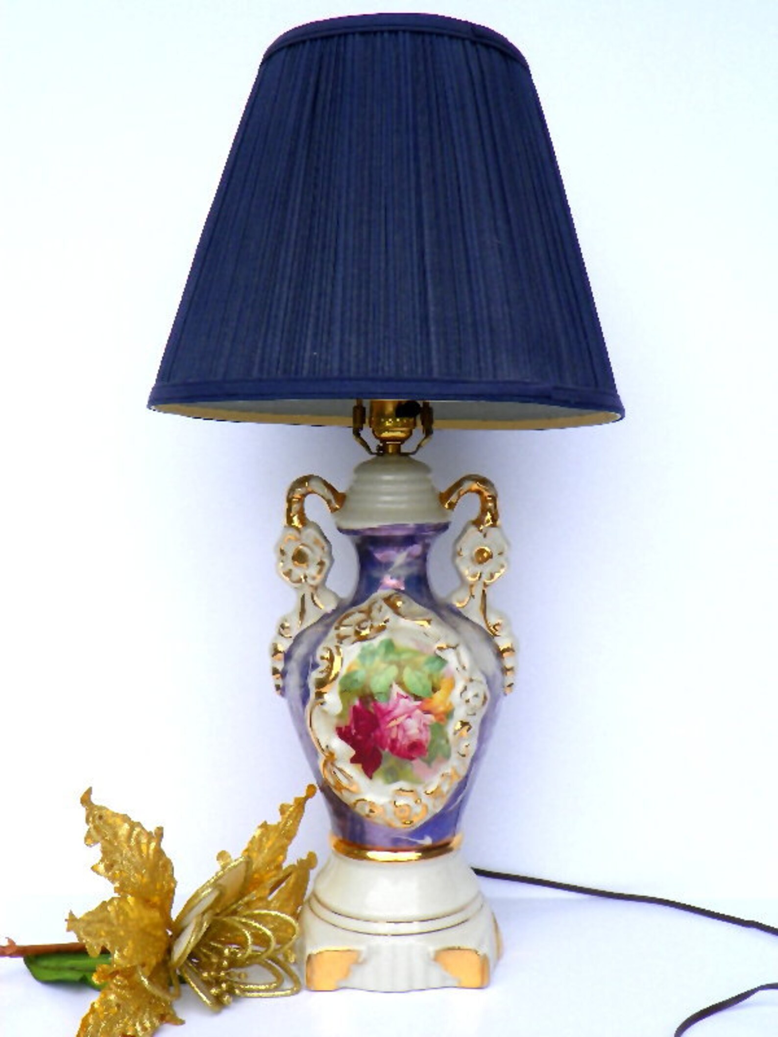 Vintage Victorian Porcelain Blue Lamp with Pink Rose Sofa Etsy