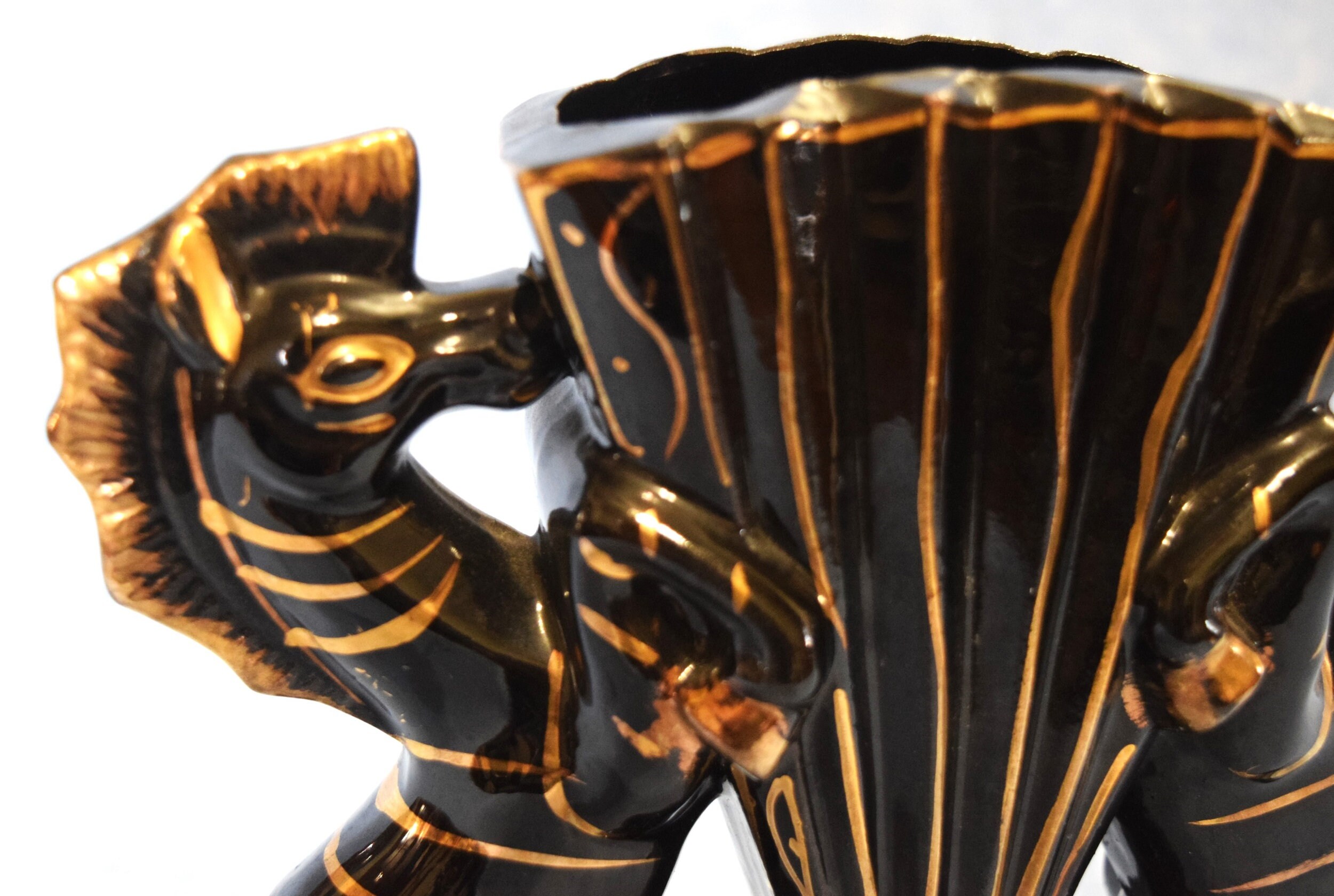 Vintage Redware Black and Gold Horse Figurines Zebra Planter