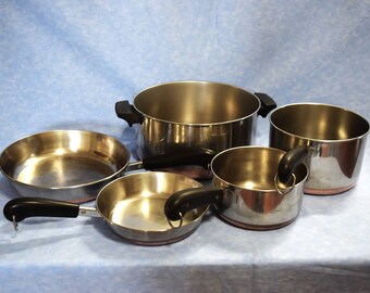 Set of 5 Vintage Revere Ware 2 Skillets 2 Pans 1 Stock Pot Paul Revere Cooking Utensils Aluminum with Copper Bottom