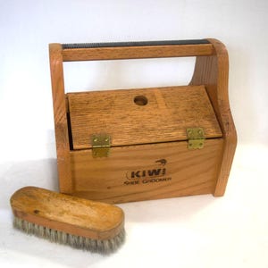 Vintage Wood Shoe Shine Kit Box with Brush Kiwi Shoe Groomer Mans Valet Shine Kit Foot Rest