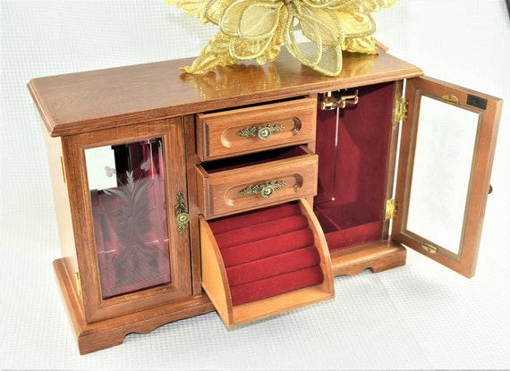 Mid Century Wood Jewelry Box with Ring Compartment