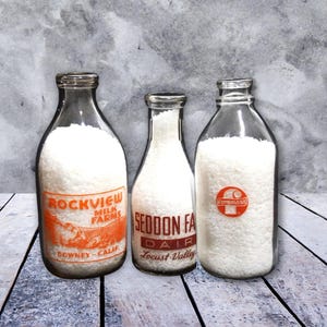 Vintage Milk Bottles 1930s Half Gallon Rockview Foremost Quart Seddon Farm Choice Glass Milk Bottle