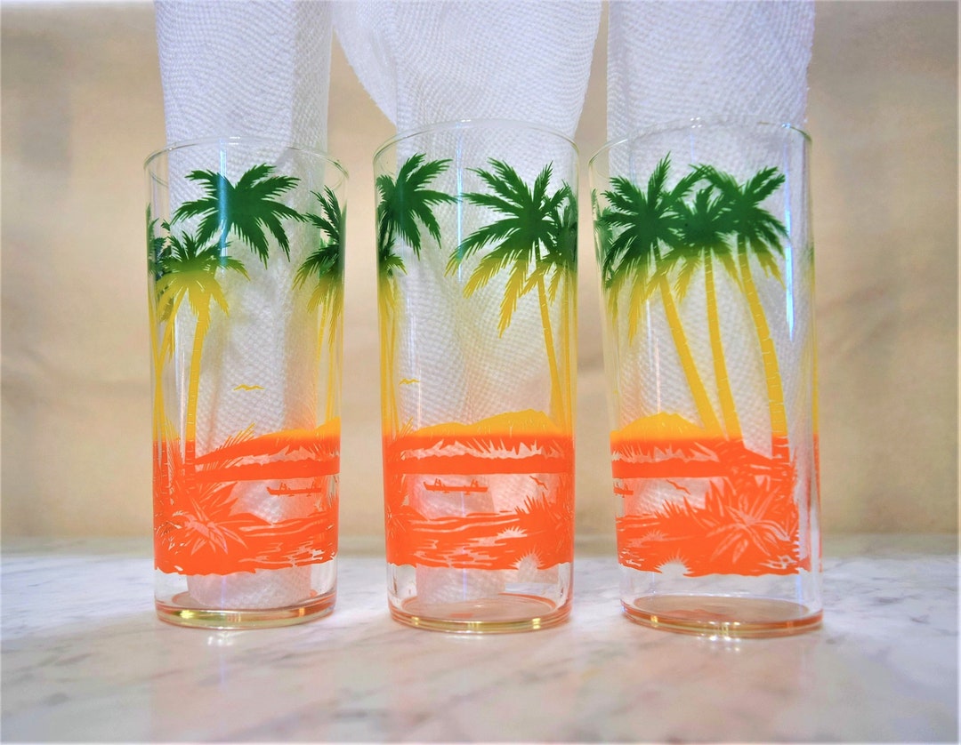 8 Vintage Palm Tree Drinking Glasses Colorful Glassware 16 Etsy
