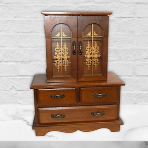 Vintage Wood Jewelry Box Mid Century Tall Maple Double Door Dresser Style 6 Storage Drawers Dresser Top Jewelry Armoire