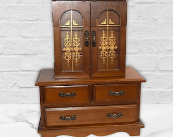 Vintage Wood Jewelry Box Mid Century Tall Maple Double Door Dresser Style 6 Storage Drawers Dresser Top Jewelry Armoire