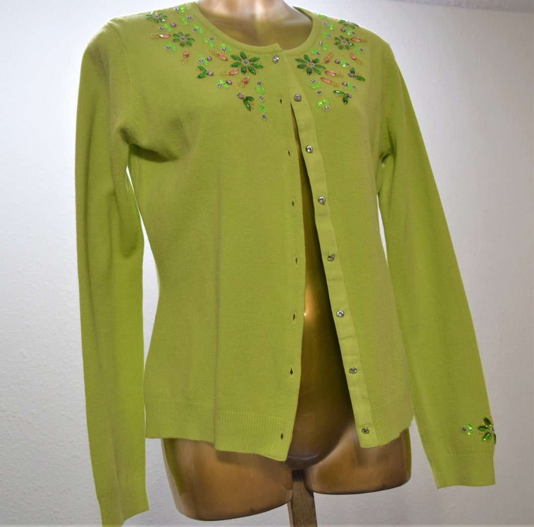Vintage Lime Green Sweater Beaded With Rhinestones Button Up Front Size vintage-lime-green-sweater-beaded-with-rhinestones-button-up-front-size