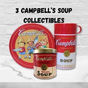 Vintage Campbell Soup Thermos and 2 Campbells Soup Kids Tins Advertising Tins 3 Campbells Soup Collectibles