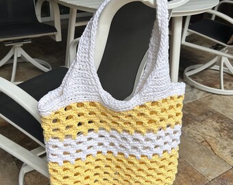 Crochet Market Bag, Handmade Mesh Tote Bag, Reusable Grocery Shopping Bag, Beach Bag, Farmers Market Tote, Eco Friendly Gift, Two Tone