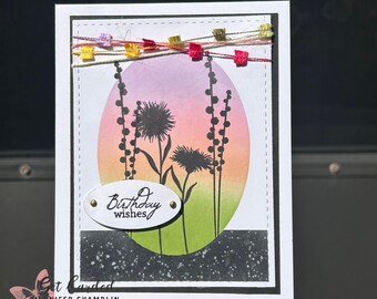 Handmade Birthday Card – Silhouetted Florals with Sunset Background