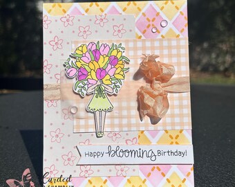 Handmade Birthday Card – “Happy Blooming Birthday” Floral Girl Design
