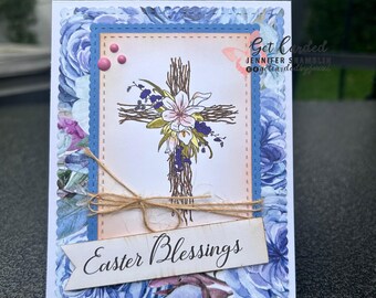 Handmade Easter Card – Rustic Cross with Flowers & Burlap Twine – “Easter Blessings” Faith-Based Greeting Card