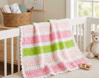 手編みのストライプ柄かぎ針編みブランケット 34インチ x 34インチ – ホワイト、ピンク、グリーンのベビー・幼児用ひざ掛け