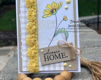 Handmade Greeting Card – “Welcome Home” with Crochet Border