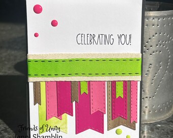 Handmade Birthday Card – Colorful Banner Design in Lime, Pink & Brown