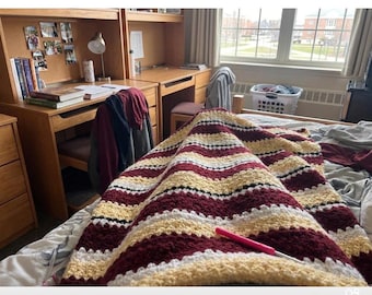 College Dorm Room Crochet Lap Blanket, Handmade Maroon Gold White Throw Blanket,  College Student Gift, Cozy Couch Blanket, 50" x 52"