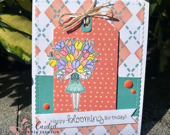 Handmade Birthday Card – “Happy Blooming Birthday” Floral Girl Design