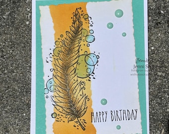 Handmade Birthday Card – Feather Design with Orange Accent & Bubbles