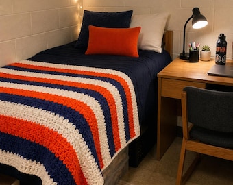 College Dorm Room Crochet Lap Blanket, Handmade Orange Blue White Throw Blanket,  College Student Gift, Cozy Couch Blanket, 50" x 52"