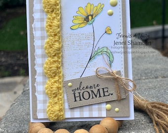 Welcome Home Handmade Greeting Card with Crochet Border