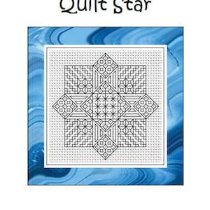 May include: A detailed black and white quilt star design on a white background, set against a blue marbled pattern. The text "Quilt Star" is above the design, with "Mottingham Cottage Designs" in an oval above.