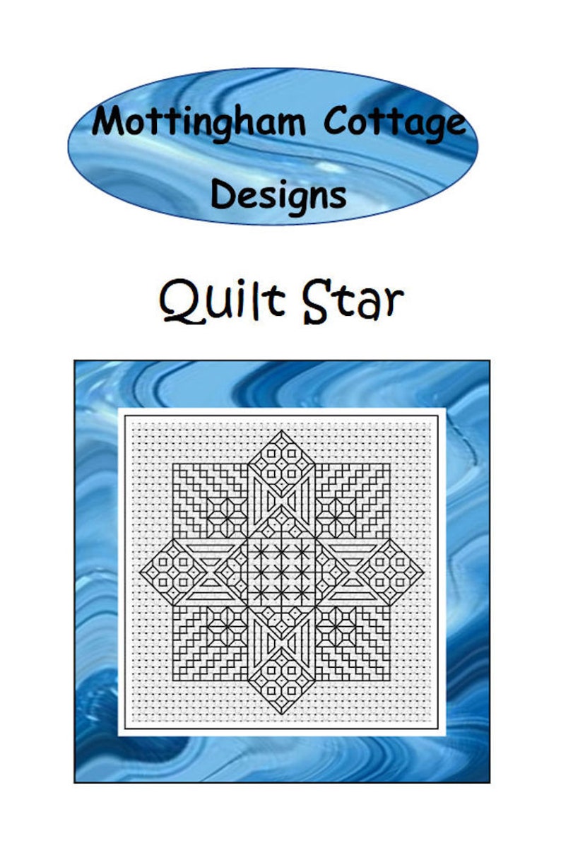 May include: A detailed black and white quilt star design on a white background, set against a blue marbled pattern. The text "Quilt Star" is above the design, with "Mottingham Cottage Designs" in an oval above.