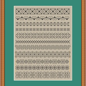 May include: A collection of 16 different black and white embroidery patterns on a beige fabric background. The patterns include geometric shapes, flowers, and hearts.