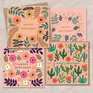 Hübsches und rosa Geburtstagskarten-Paket | Geburtstagskarten Set | Packung Geburtstagskarten | Blumen Geburtstagskarten | Bunte Geburtstagskarten