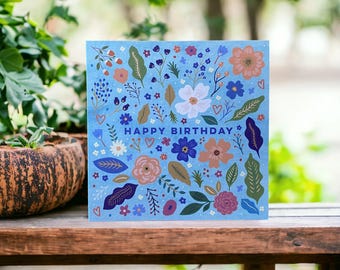 Födelsedagskort med vilda blommor och hjärtan | Blommigt gratulationskort