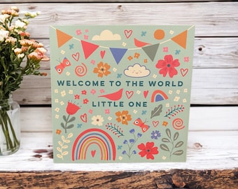 Rainbow and Flowers New Baby Card | Welcome to the World
