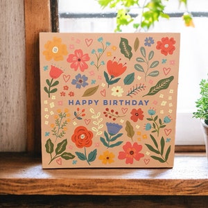 Pretty Flowers and Hearts Birthday Card | Birthday Card for Her | Floral Card | Can post to recipient with personal message
