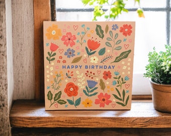 Tarjeta de cumpleaños de flores y corazones bonitos / Tarjeta de cumpleaños para ella / Tarjeta floral / Puede publicarse en el destinatario con un mensaje personal