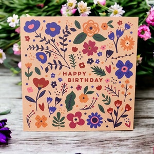 Pretty Wildflowers and Leaves Birthday Card Floral Folk Card Can post to recipient with personal message image 2