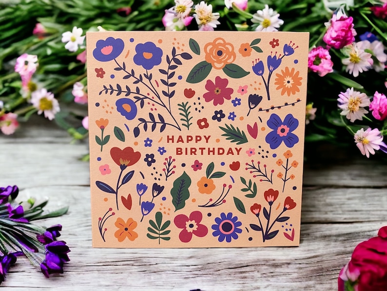 Pretty Wildflowers and Leaves Birthday Card Floral Folk Card Can post to recipient with personal message image 2