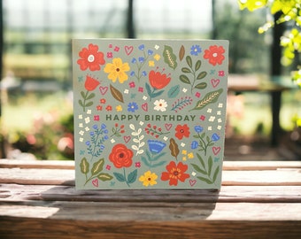 Pretty Wildflowers and Hearts Birthday Card | Birthday Card for Her | Floral Card | Can post to recipient with personal message