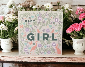 Baby Animals and Flowers Baby Girl Card | Pretty Baby Girl Card | Baby Card in the UK | Can post to recipient with personal message